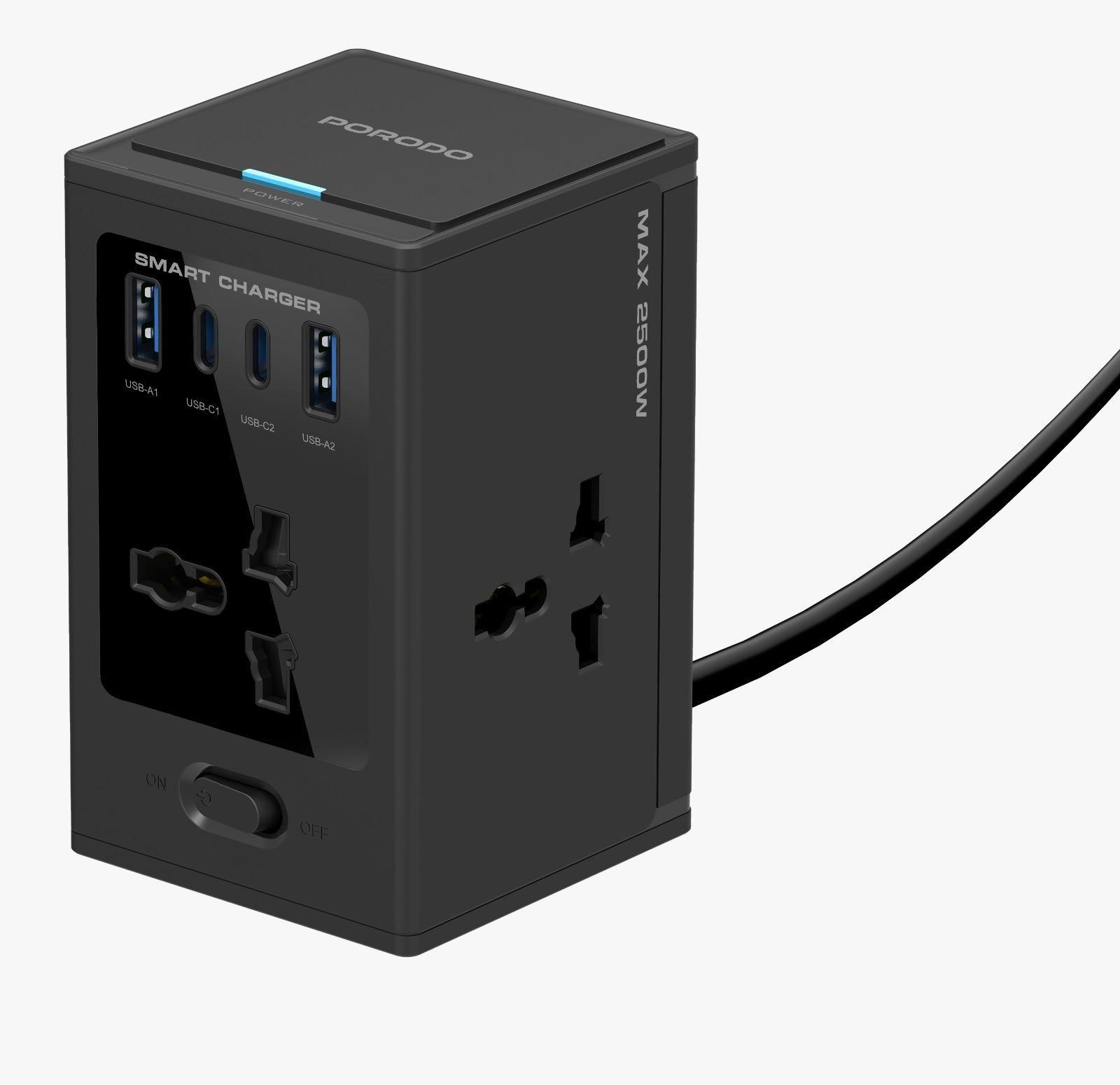 Porodo PDUNS8430BK Universal GaN Multi-Port Cube Adapter with 4 AC Sockets