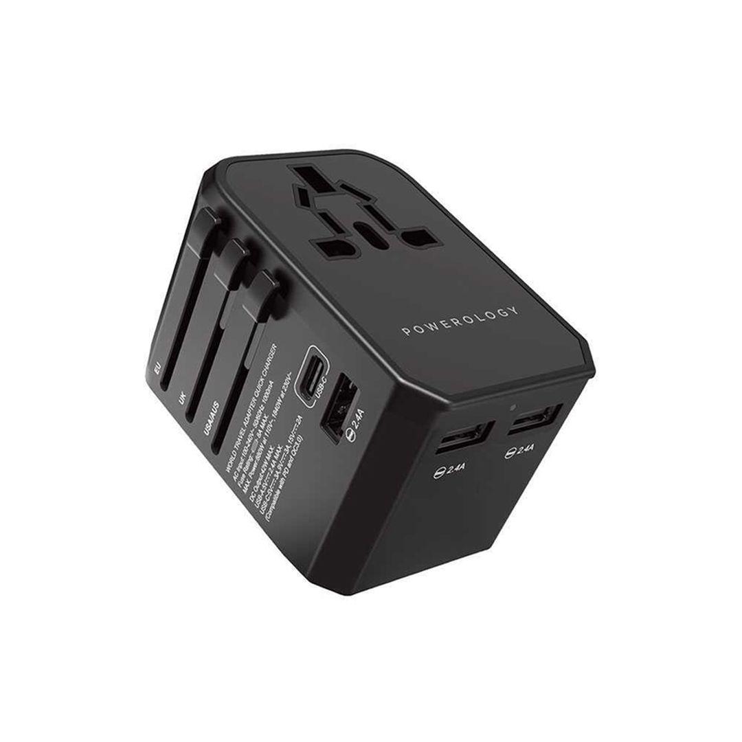 Powerology PD 45W Fast Charge + 2A USB Dual Output Universal Travel Adapter With 3 USB Ports