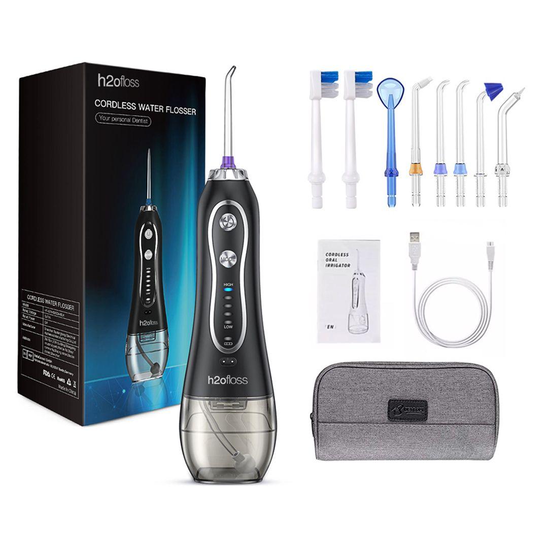 H2ofloss HF-6 - 300ml black Cordless Oral Irrigator USB Rechargeable Portable Dental Flosser Teeth Cleaner 5 Speed & 8 Jet Tips + Bag