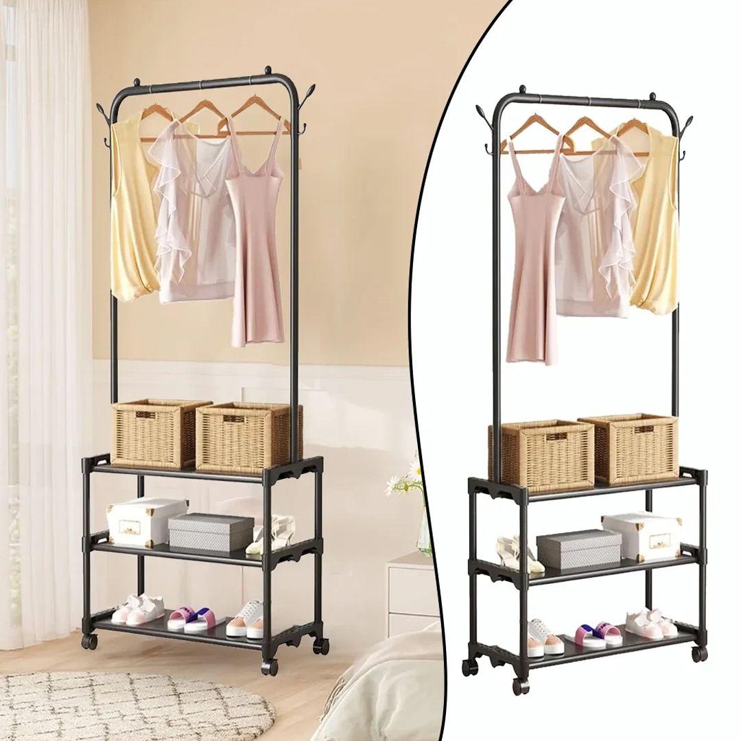 Clothes Stand with 3 Storage Shelves with Hangers for Bags