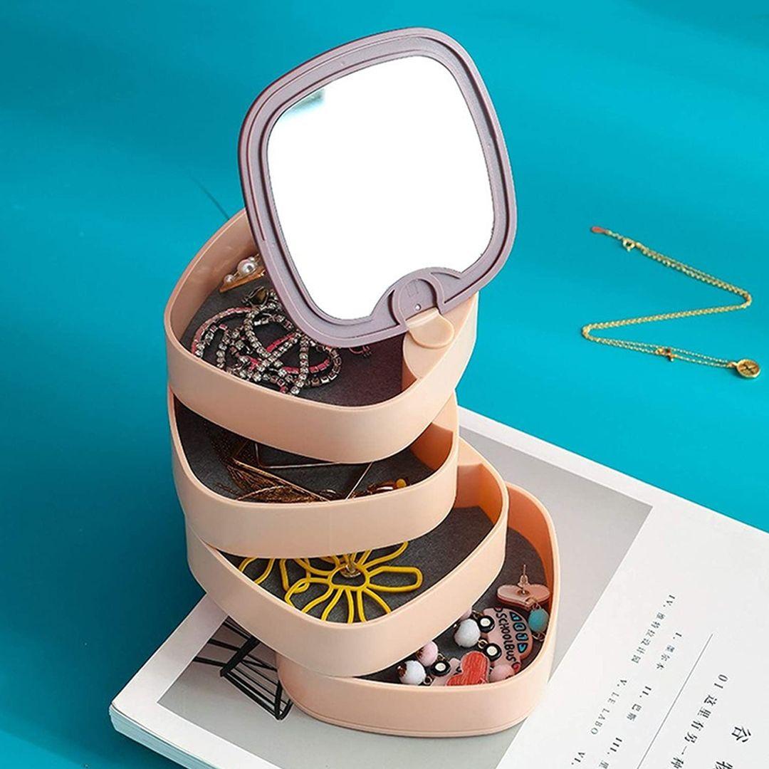 Jewelry Organizer Box with Mirror Rotating 360 Degree Rotating, Women, 4-Layer, Earrings, Rings, Lipstick, Jewelry Display Accessory Box 