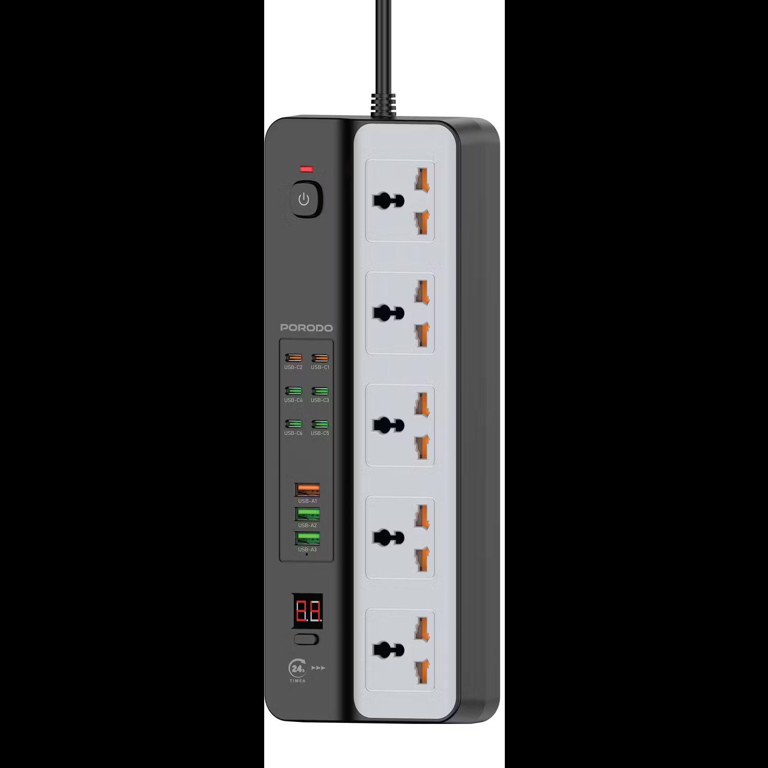 Porodo PDFWCH098BK 3000W | 5AC Universal Power Strip with 9 USB Ports (6C + 3A)