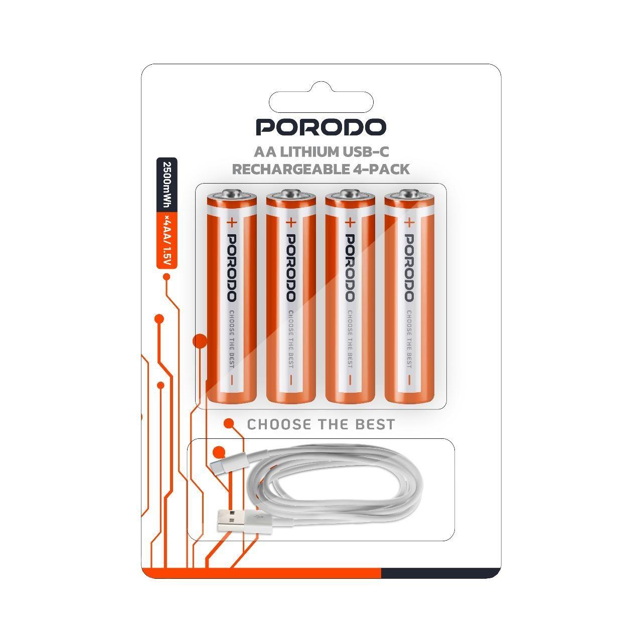 Porodo AA PDAA25RB Lithium USB-C Rechargeable Batteries – 4 Pack