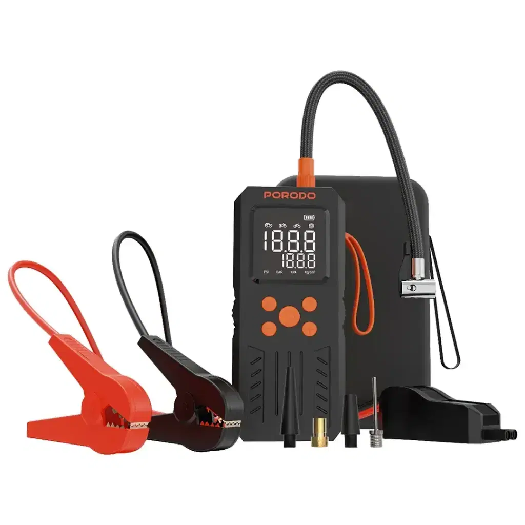 Porodo 4-In-1 Multi-Tool Inflator & Jump Starter with 150PSI Auto-Stop & SOS Lighting - PD15KJSPBK