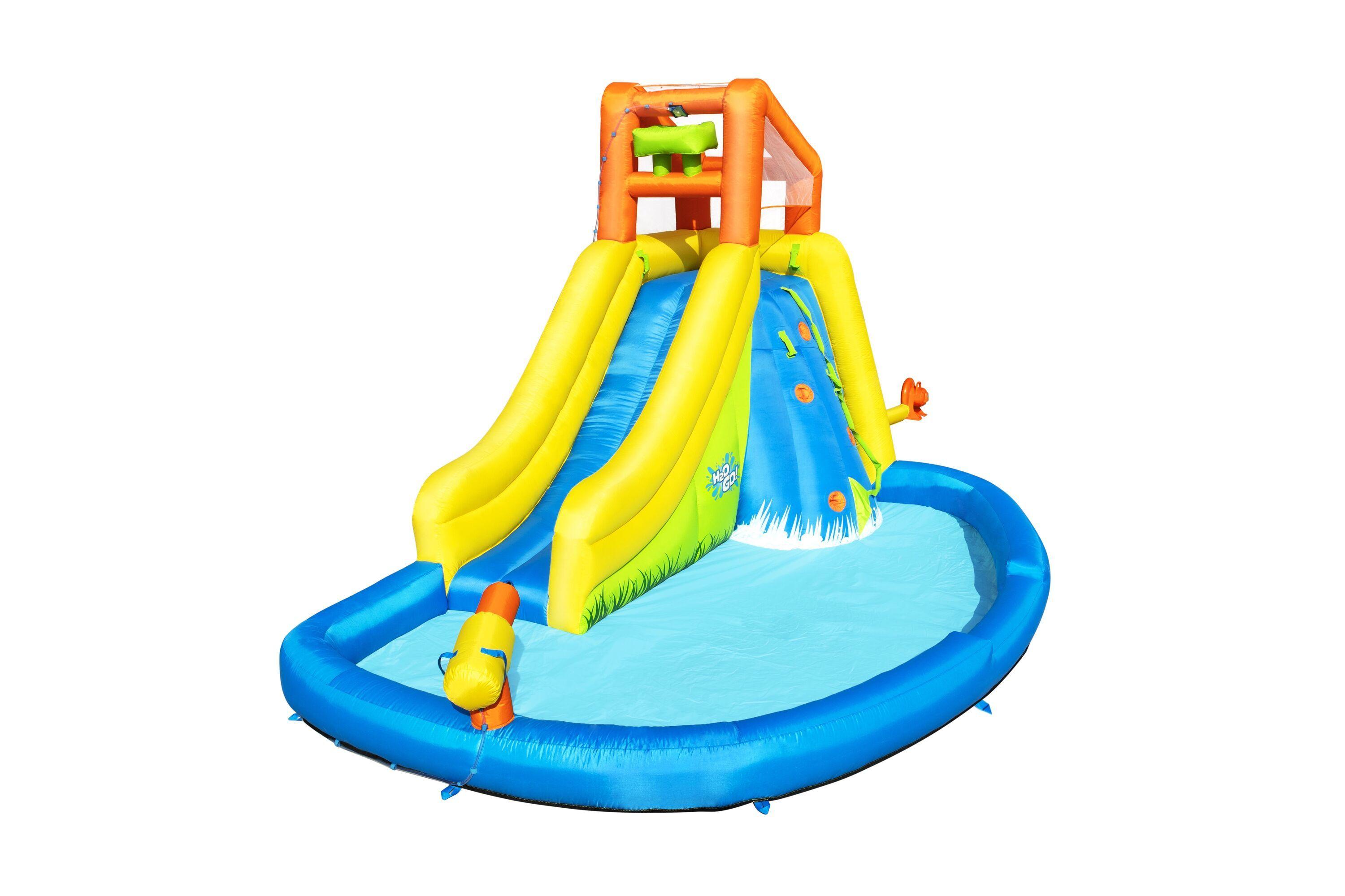 BESTWAY 53345 4.35M X 2.86M X 2.67M MOUNT SPLASHMORE MEGA WATERPARK (1 water slide with pool, 1 blower, 1 waters spraying hose, 1 anchor bag, 1 repair kit, 1 storage bag , 2 blower stakes , 10 bouncer stakes.) Age 5+